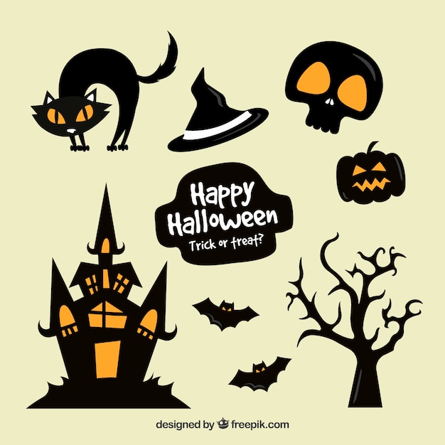 Collection of minimalist halloween stickers in orange and black