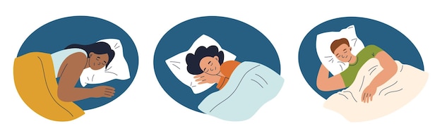 Collection of minimalist illustrations with sleeping people men and women resting on pillows under