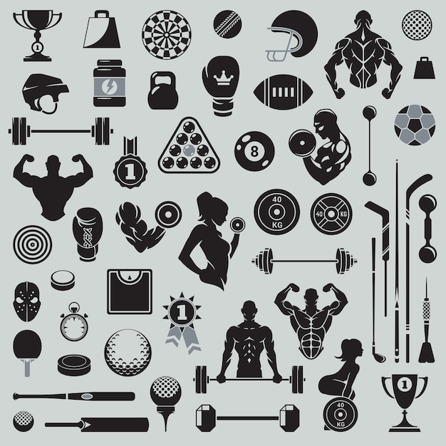 Vector collection minimalist sport game gym fitness silhouette icon vector illustration set monochrome athletic people barbells ball dart bat kettlebell club boxing muscular protein bodybuilding