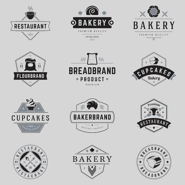 Коллекция минималистского старинного кафе ресторана еда меню линии логотипа векторной иллюстрации установить ретро эмблему пекарня мука бренд кекс хлеб с местом для текста шаблон кулинарных знаков отличия для гурманов