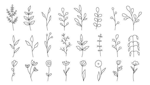 Collection of minimalistic simple floral elements Graphic sketch Fashionable tattoo design Flowers grass and leaves Botanical natural elements Vector illustration Outline line doodle style