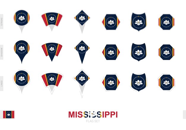 Vector collection of the mississippi flag in different shapes and with three different effects