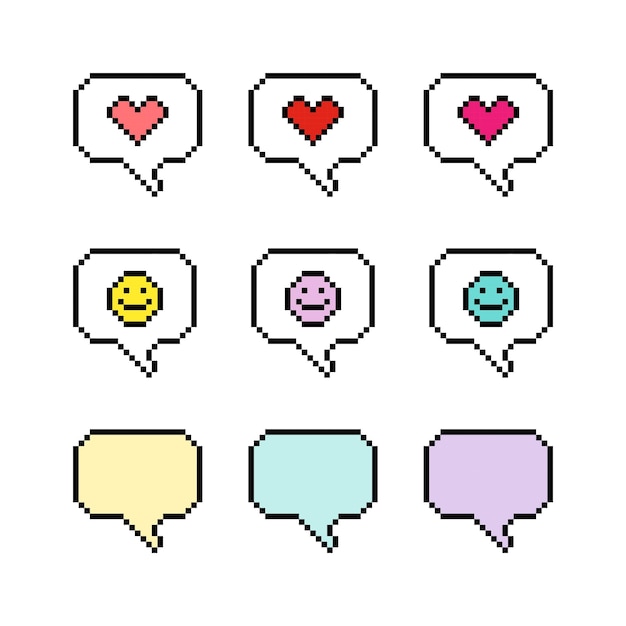 Collection of mixed pixelated speech bubble with heart and smile.