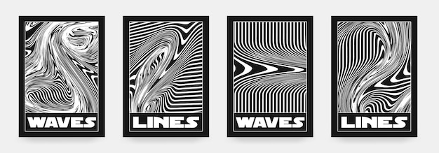 Collection of modern abstract posters with optical illusion In techno style psychedelic design