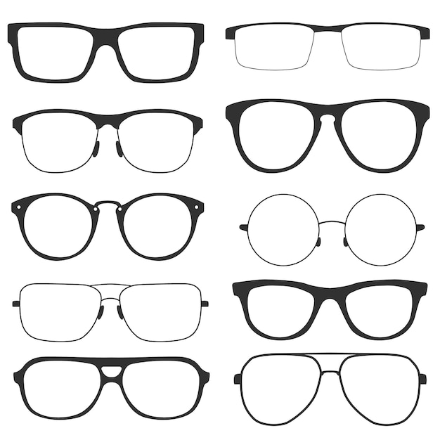 白い背景で隔離のモダンなメガネのコレクション。男性と女性のための黒いフレームとレトロなスタイルのメガネ。ベクトルイラスト