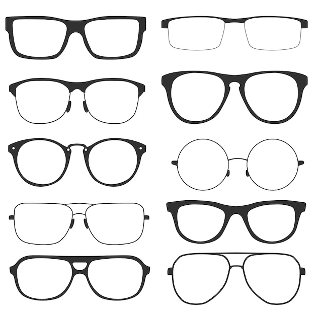 Collection of modern glasses, isolated on white background. Retro style glasses with black frames for men and women. Vector illustration