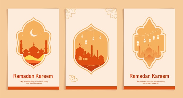 Vector collection of modern ramadan kareem greeting card set bohemian style with mosque silhouette