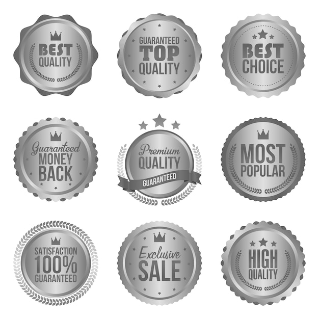 Vector collection of modern, silver circle metal badges and labels