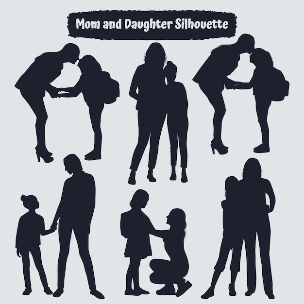 Коллекция силуэтов мамы и дочери в разных позах