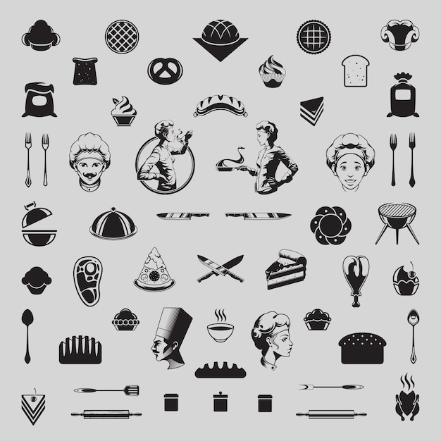 Collection monochrome catering culinary kitchen vintage icon vector illustration set engraved cooking service personnel chef prepare food cutlery frying baking delicious meal grill barbecue meat