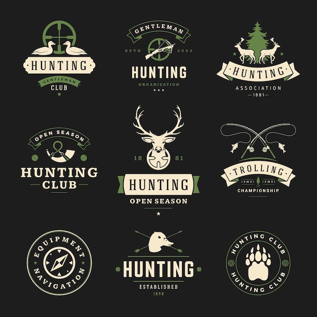 Collection monochrome hunting season society vintage logo vector illustration with place for text Set minimalist brutal contoured emblem template fishing catching wild animals and birds design