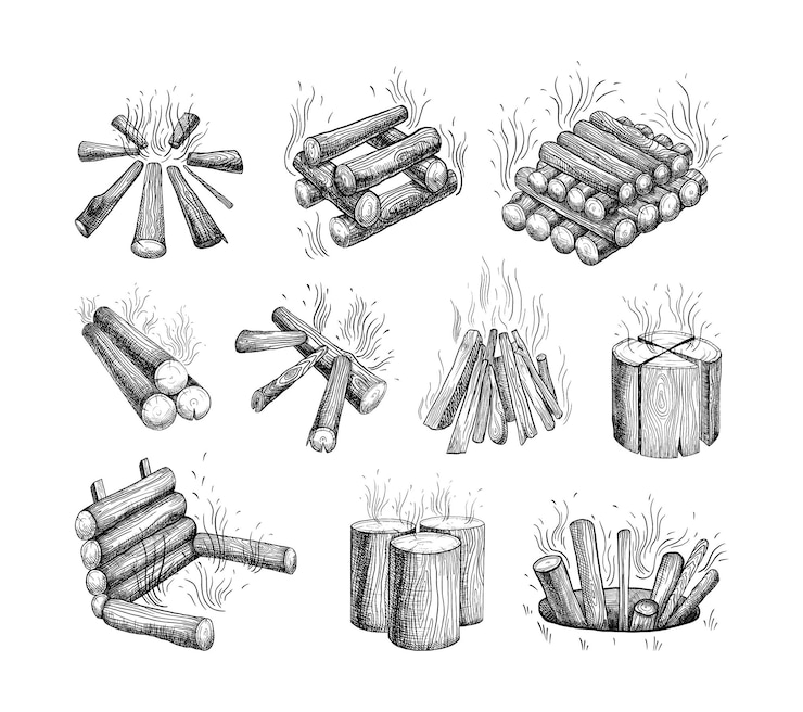 Vector collection of monochrome illustrations of bonfires in sketch style hand drawings