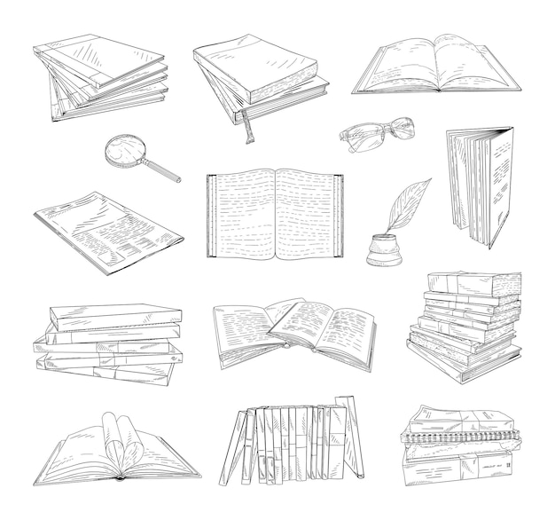 Vector collection of monochrome illustrations of books in sketch style