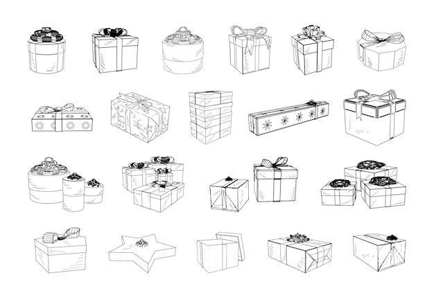 Collection of monochrome illustrations of gift boxes in sketch style