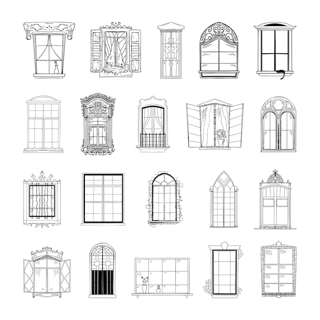 Collection of monochrome illustrations of windows in sketch style