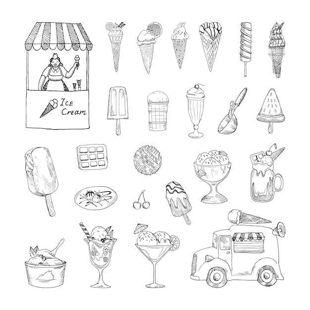 Vector collection of monochrome illustrations with ice cream in sketch style