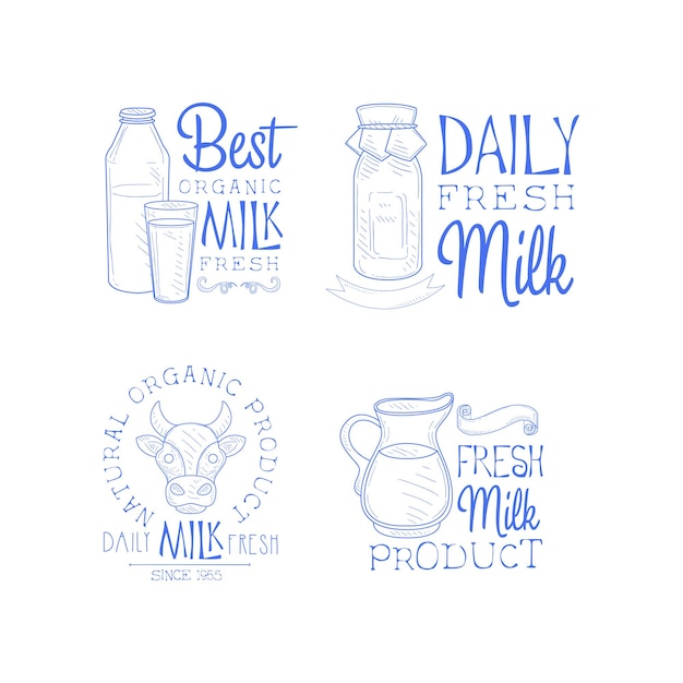 Collection of monochrome logo templates for milk production industry Emblems with glass and bottles cow head and jug Design for promo poster of fresh dairy products Isolated vector illustrations