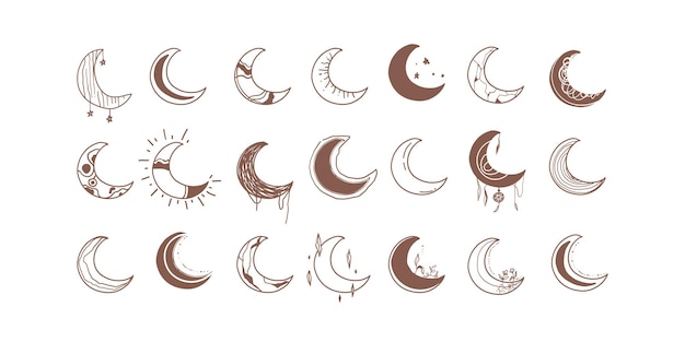 Collection of moon hand drawn. bohemian linear logos, icons and symbols. boho crescent and stars logo design line art vector illustration. minimalist geometric various design elements.