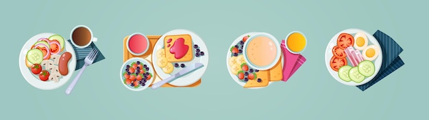 Vector collection of morning healthy food top view. set classic breakfast dish tasty fresh brunch