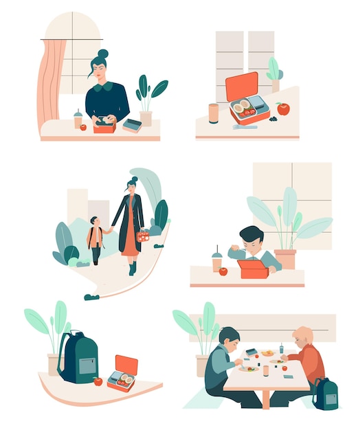 collection of morning routine school illustrations. mom cooks breakfast, preapares lunch box