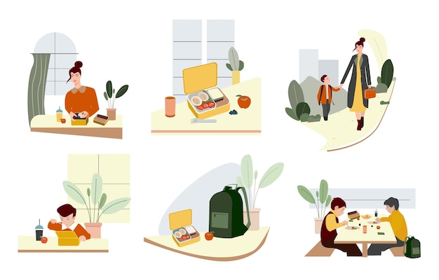 Vector collection of morning routine school illustrations. mom cooks breakfast, preapares lunch box