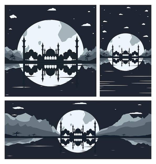 collection of mosque silhouette backgrounds with mountains and full moon in the background