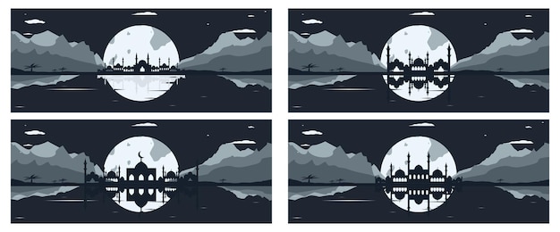 Vector collection of mosque silhouette backgrounds with mountains and full moon in the background