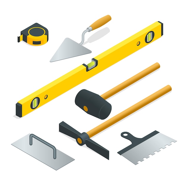 Vector collection of most common types of masonry tools. flat 3d isometric vector illustration