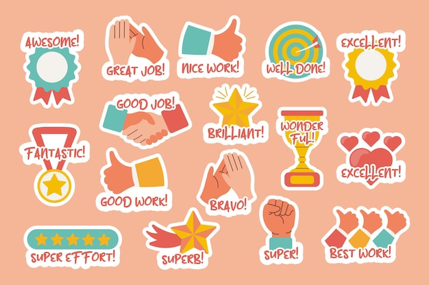 Collection of motivational stickers for great work Stickers badges badges Flat style vector