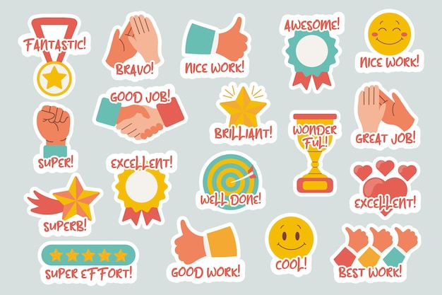 Collection of motivational stickers for great work Stickers badges icons Flat style vector