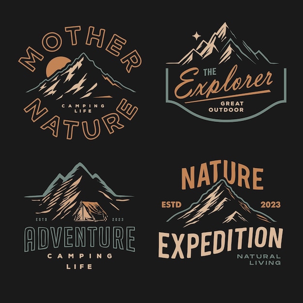 Collezione di mountain peak landscape outdoor silhouette label logo design set di avventura vintage