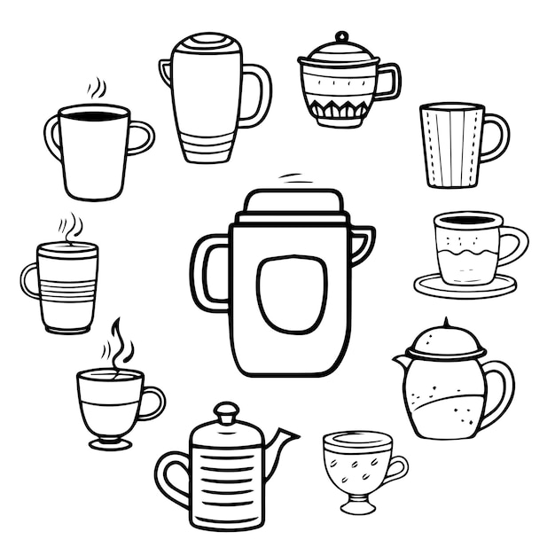 A collection of mugs and cups with different designs including a teapot and a teapot.