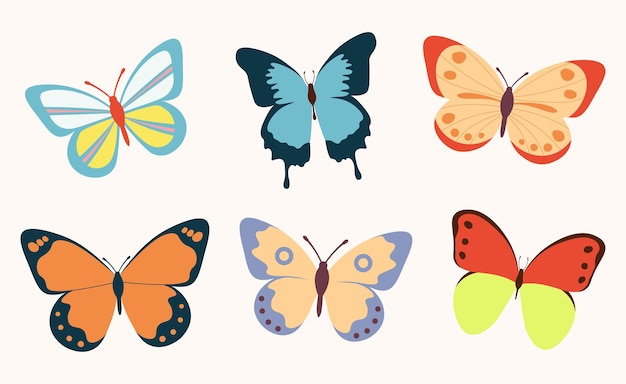 Collection of multicolored butterflies bright nature design vector illustration in flat style
