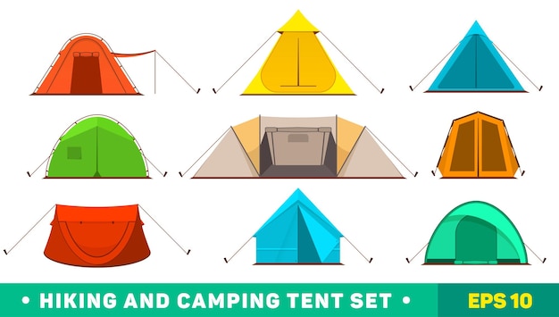 Collection of multicolored camping tent icons