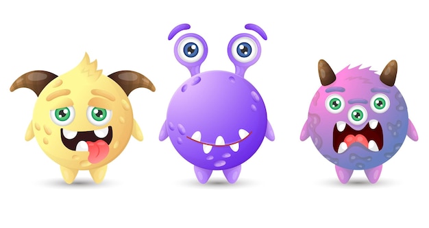 Collection of multicolored round funny monsters Yellow purple pink cartoon aliens