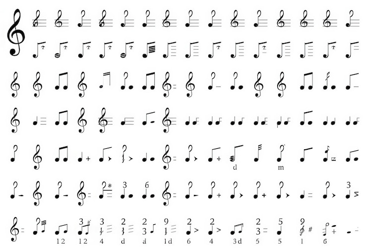 Vector a collection of musical notes symbols and notations displayed in a grid pattern for educational pu