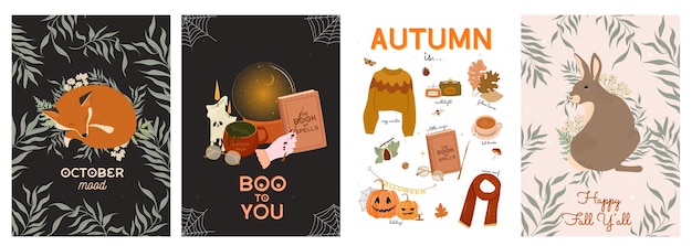 謎の秋のポスター集。森の動物、魔法の物、植物の季節のグリーティング カード