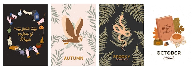 Collection of mystery autumn poster. Seasonal greeting card with forest animals, magic things, plant