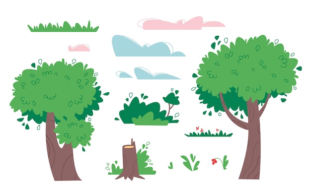 Collection of natural objects - trees, bushes, grass, clouds and stumps on a white background. cartoon clipart illustration isolate.