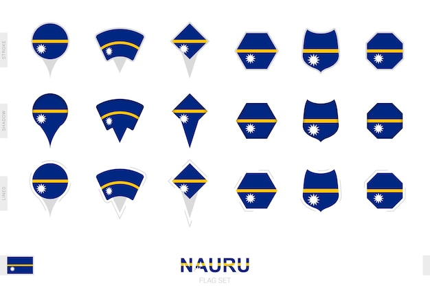 Collection of the nauru flag in different shapes and with three different effects