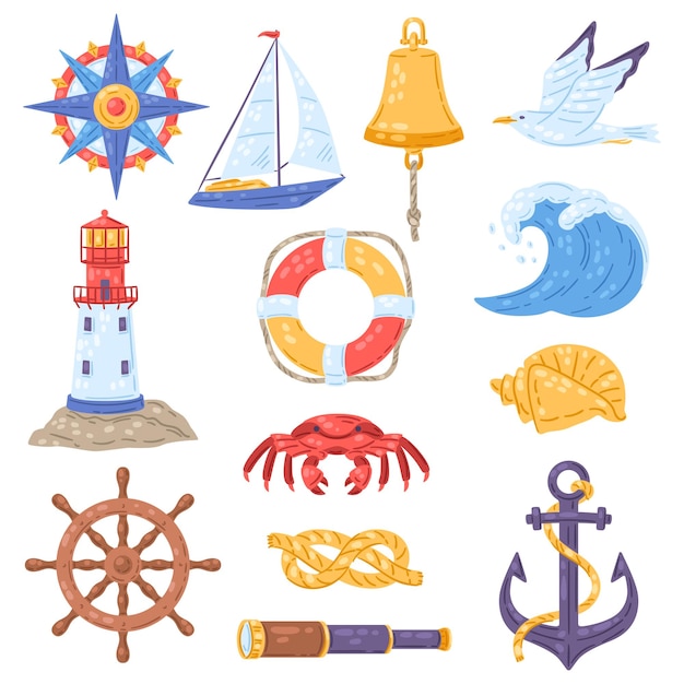 Vector collection of nautical symbols and items marine cute illustration