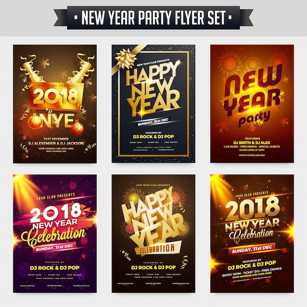 Collection of New Year Party Celebration Poster, Banner or Flyer Design.