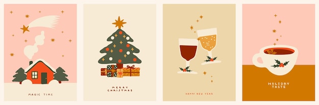 Collection of New Year's and Christmas posters. Winter House, fir tree, sparkling wine glasses and C