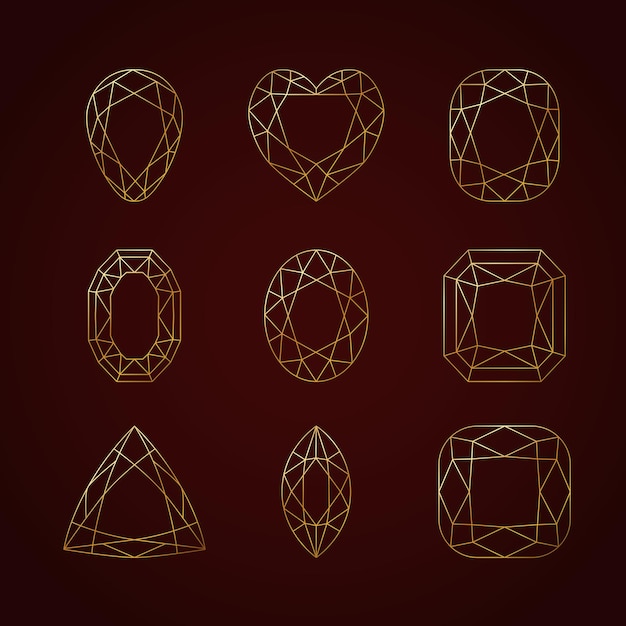 Collection of nine beautiful linear gemstones in gold color on a dark background