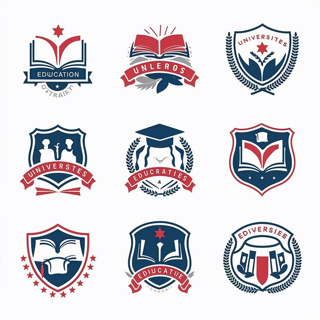 Vector a collection of nine distinct emblems or logos predominantly in shades of red and blue