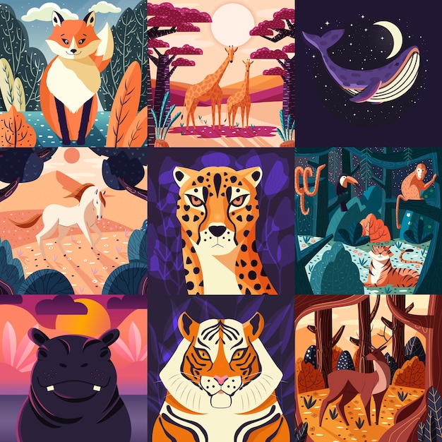 Collection of nine hand drawn illustrations of animals and nature