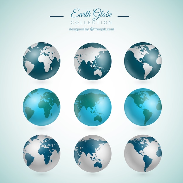 Collection of nine realistic earth globes