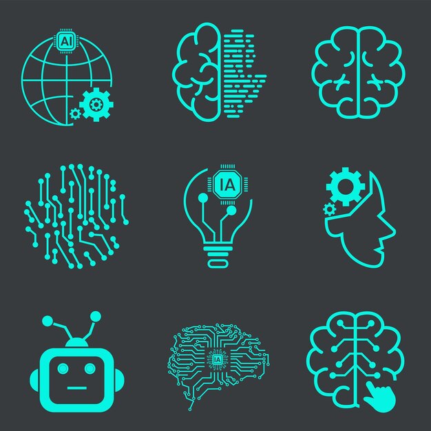 Vettore collezione di nove icone di linea vettoriale della tecnologia dell'intelligenza artificiale set di riconoscimento facciale