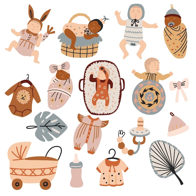 Vector collection nursery decor element and newborn baby