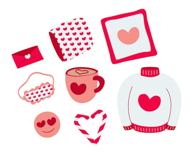 Vector collection of objects for valentine day february 14th love heart letter sweater emoticon pillow mask